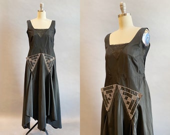 1920s Evening Dress / 1920&#39;s Black Silk Taffeta Dress with Rhinestones / Size Small