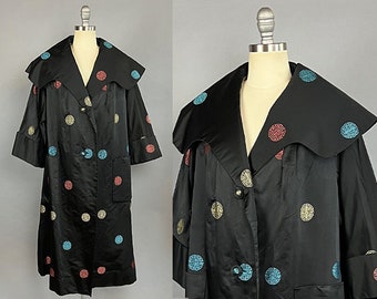 1960s Opera Coat / Black Silk Opera Coat with Statement Collar / 1960s Evening Coat / Asian Medallion Print / Size Medium Large Extra Large