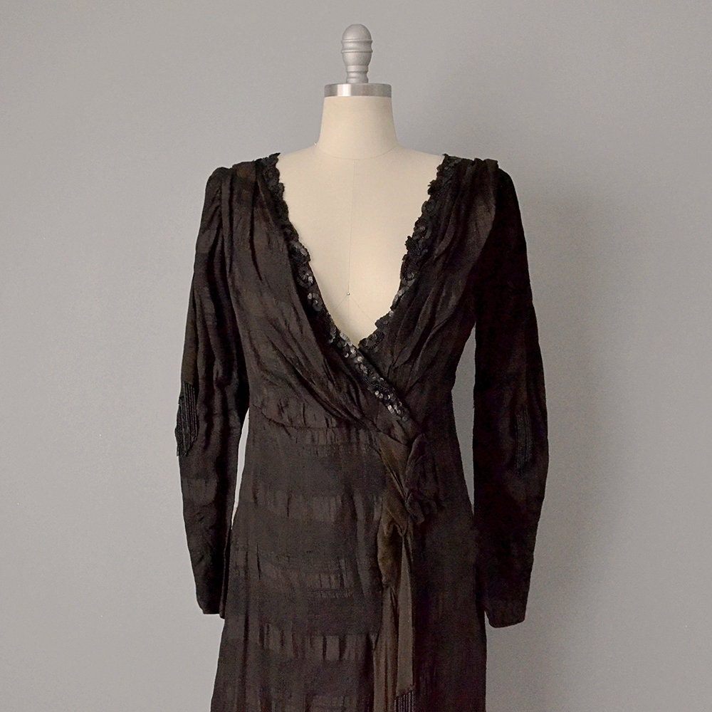 1800s Silk Dress / Victorian Black Silk Dress With Sequins & Jet