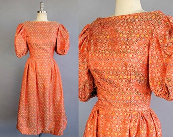 1960s Dress / Star Motif Gown with Bubble Skirt & Puff Sleeves / Star Print Dress / Orange Silk Party Dress / Size Small
