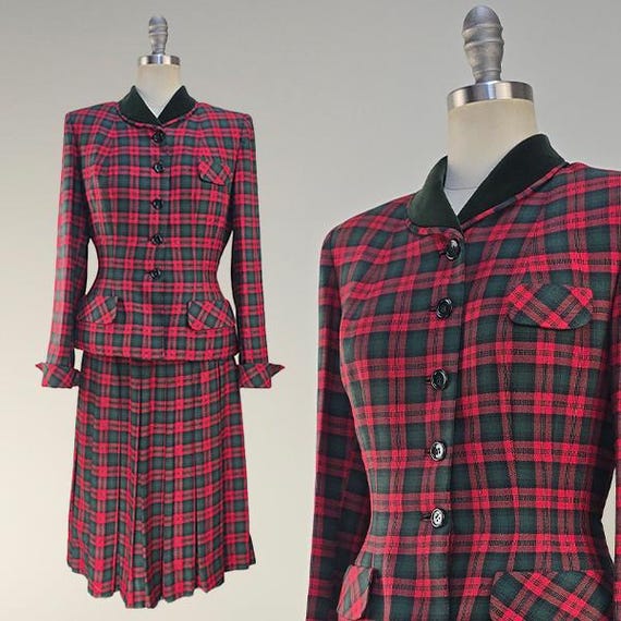 1950s Plaid Suit / 1950s Suit / Women's Suit / Red Plaid Suit / Size Small