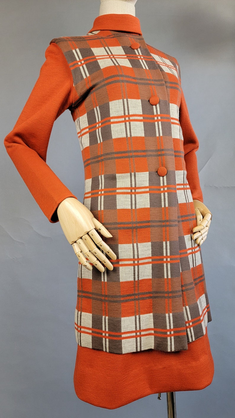 1960s Dress Set / Italian Knit / Burnt Orange Plaid Dress Set /Dress and Long Vest / 1960s Orange Dress / 1960s Plaid Dress / Size Large image 9