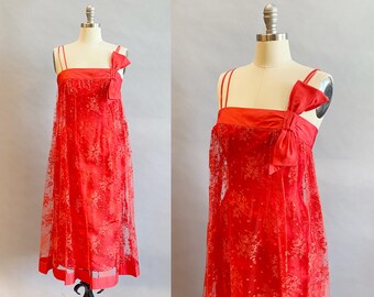 1960s Red Cocktail Dress / Edward Abbot Dress /  1960s Satin and Lace Party Dress / Sexy Red Dress / Size Small