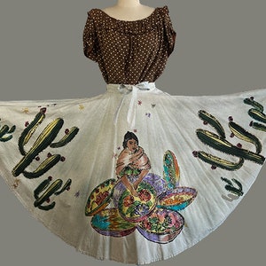 1950s Circle Skirt / 50s Sequin Mexican Circle Skirt w/ Woman, Flowers, & Cacti / Size Medium image 1