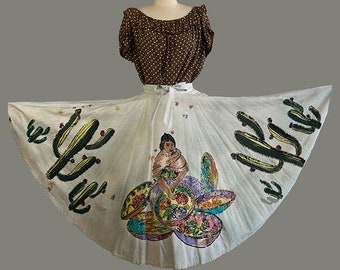 1950s Circle Skirt / 50s Sequin Mexican Circle Skirt w/ Woman, Flowers, & Cacti / Size Medium