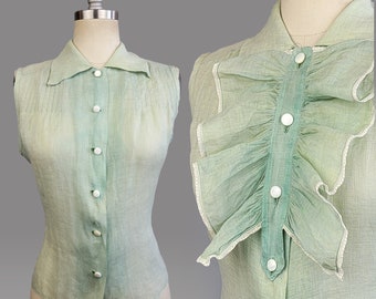 1940s Blouse  / Seafoam Green Sleeveless Blouse with Ruffle / 1940s Summer Top / Size Large