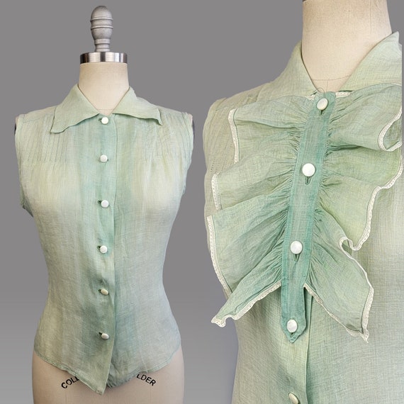 1940s Blouse  / Seafoam Green Sleeveless Blouse w… - image 1