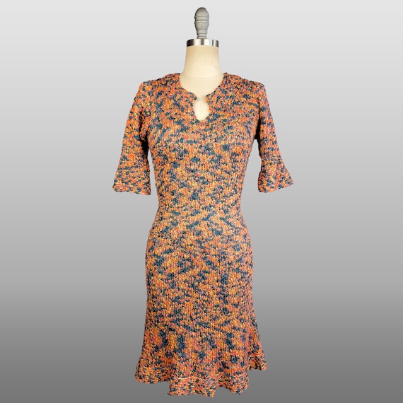 1980s Hand Knit Dress / 80s Multi Color Hand Knit Dress / Italian Knit / Patterned Knit Dress / Size Medium