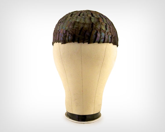 50s Hat // 1950’s Iridescent Pewter Feather Cap //