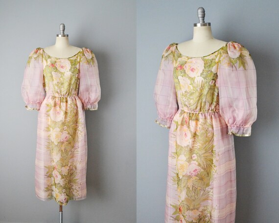 1980s Floral Dress / Puff Sleeve Dress / Pink Silk