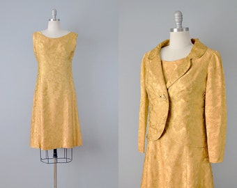 1960s Dress / Hattie Carnegie Gold Cocktail Dress w/ Jacket / 1960s Sheath / 1960s Dress Set / Dress with Provenance / Size Medium