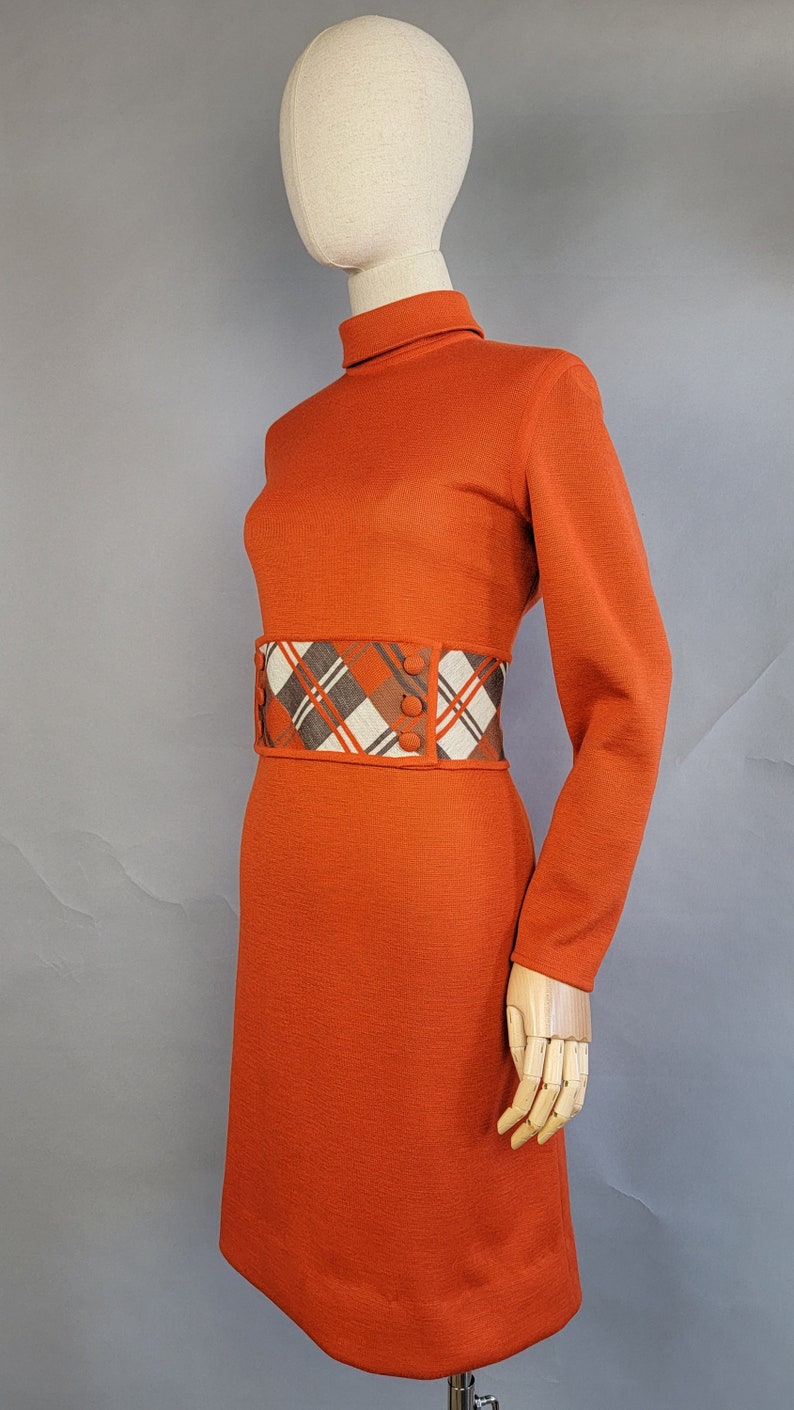 1960s Dress Set / Italian Knit / Burnt Orange Plaid Dress Set /Dress and Long Vest / 1960s Orange Dress / 1960s Plaid Dress / Size Large image 2