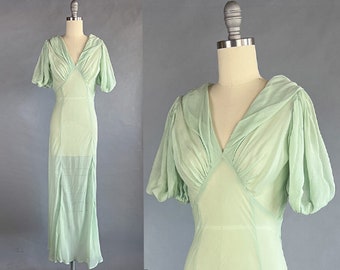 1930s Chiffon Dress / Seafoam Green Bias Cut Gown / Silk Chiffon Dress / Goddess Dress / Size Small