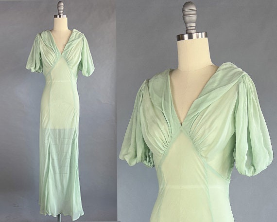RESERVED: 1930s Chiffon Dress / Seafoam Green Bias Cut Gown / Silk 