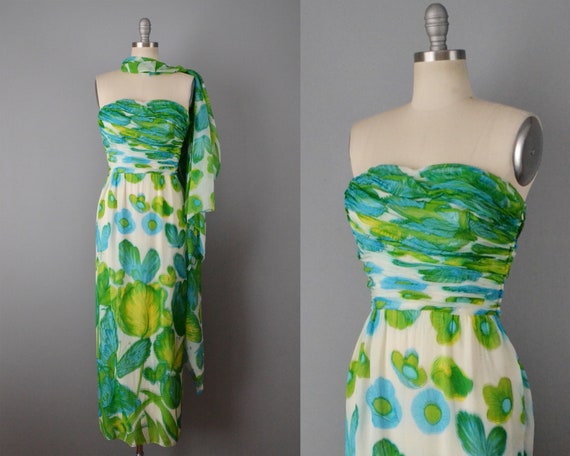1950s Frank Starr Gown / Butterfly Print / Floral