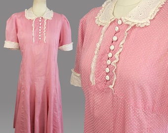 1930s Dress / Pink Dotted Swiss Cotton Dress / 1930s Day Dress / Vintage Pink Dress / Size Medium