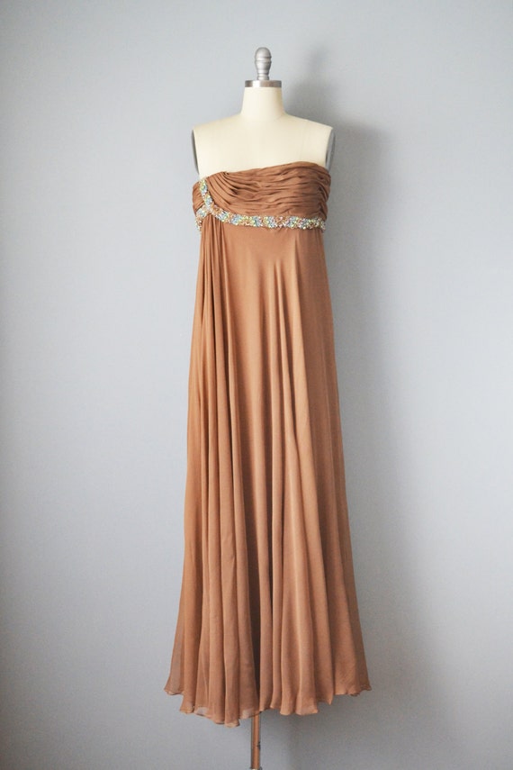 1950s Strapless Dress / Brown Silk Chiffon and Je… - image 3