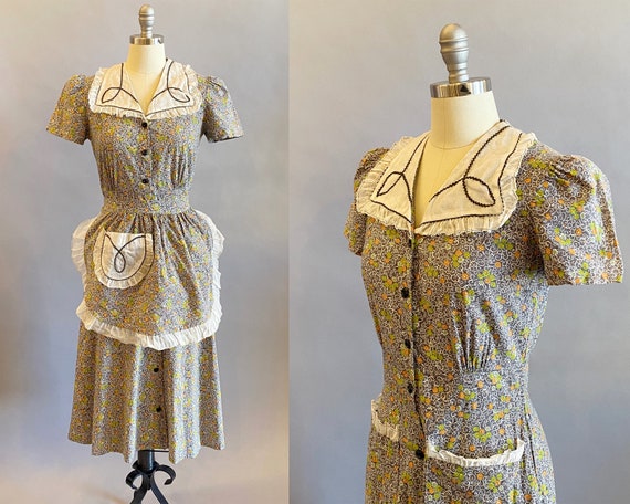1940s Waitress Uniform with Apron / 40s Dress with