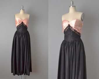 1940s Strapless Gown / Pink and Blak Satin And Silk Taffeta Gown / 40s Formal Prom Dress / Size Small