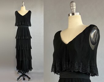 1960s Miss Elliette Dress / Fabulous Accordion Pleated Lace-Trimmed Chiffon Dress / 1960s Black Chiffon Gown / Size Small