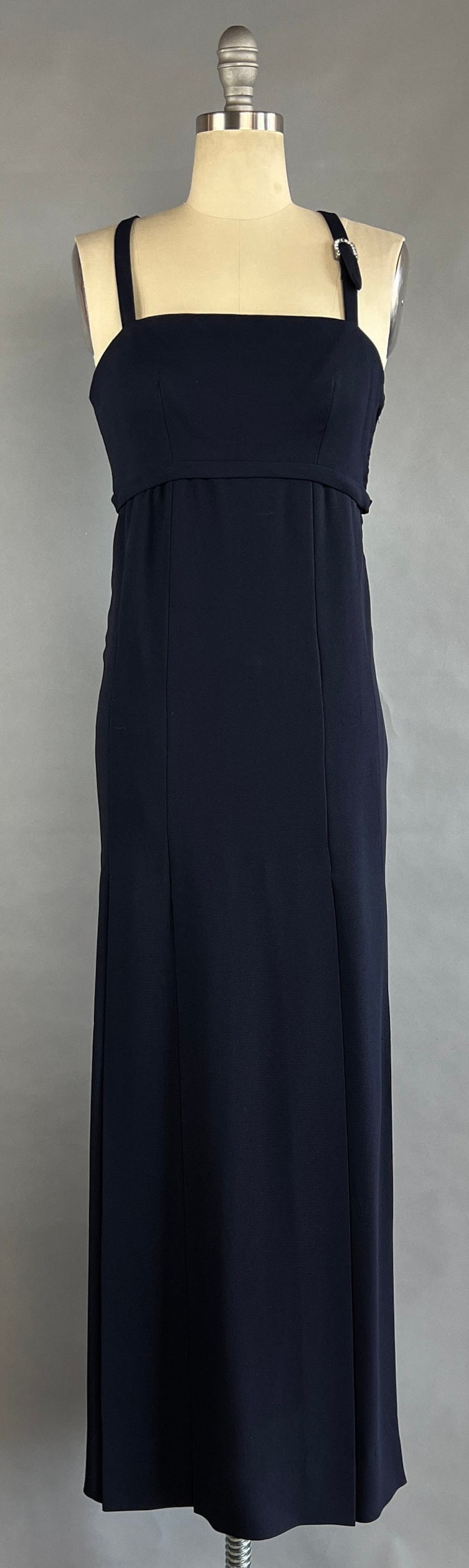 1960s Column Dress / Nina Ricci Navy Blue Silk Crepe Dress with Rhinestone Buckele / Size Small image 9
