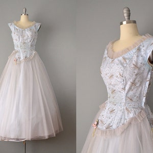 1940’s Blue Tulle and Taffeta Dress w/ Embroidered Butterflies / Size Small