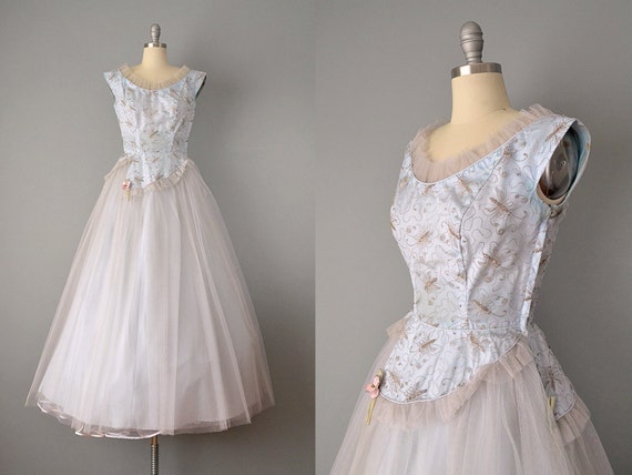 1940’s Blue Tulle and Taffeta Dress w/ Embroidered