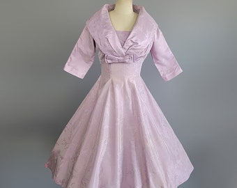 1950s Dress Set/ 1950s Lavender Floral Brocade Dress Set / 1950s Fit & Flare Dress / 1950s Purple Party Dress / Size Small