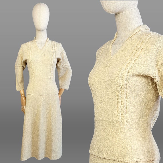1950s Knit Set / 1950s Cream Bouclé Knit Skirt Se… - image 1