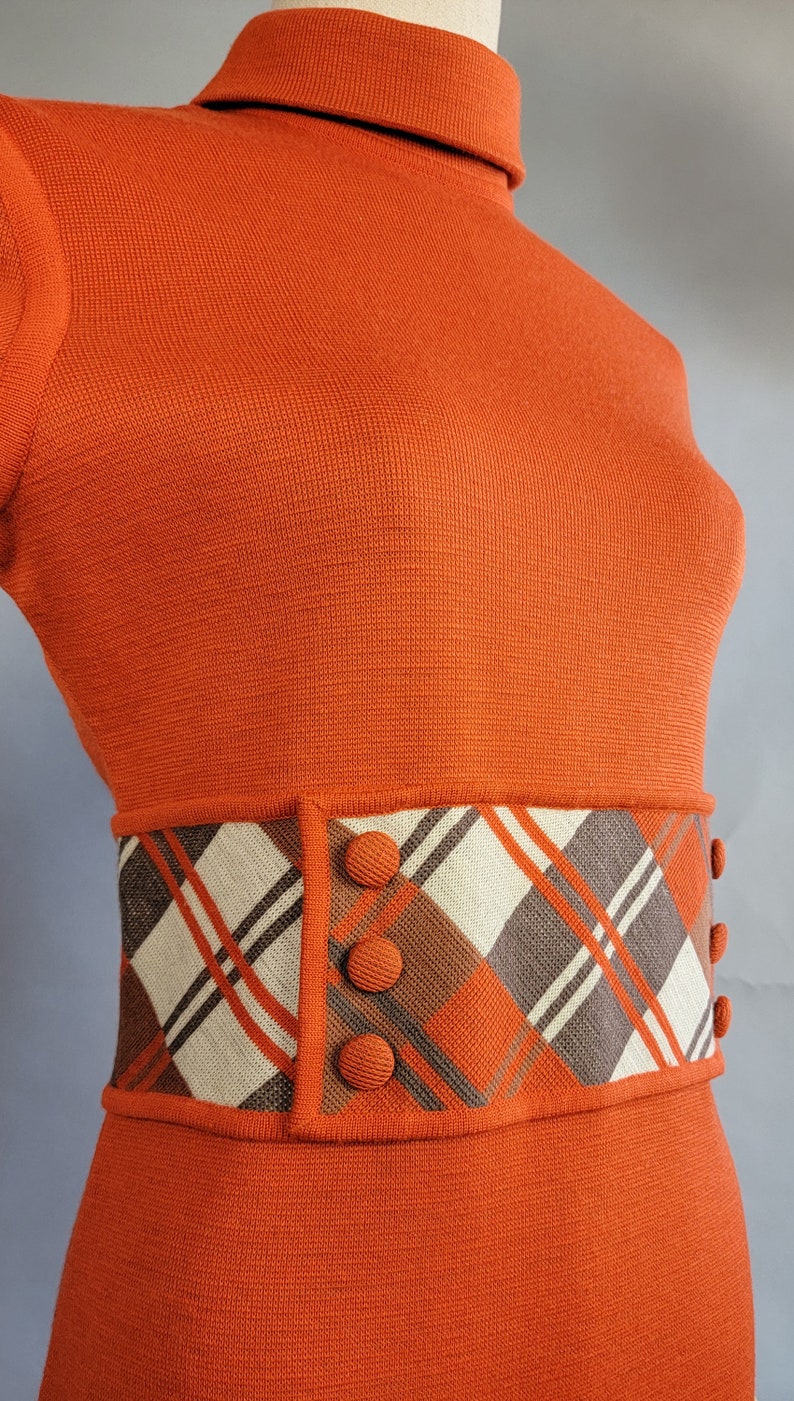 1960s Dress Set / Italian Knit / Burnt Orange Plaid Dress Set /Dress and Long Vest / 1960s Orange Dress / 1960s Plaid Dress / Size Large image 7