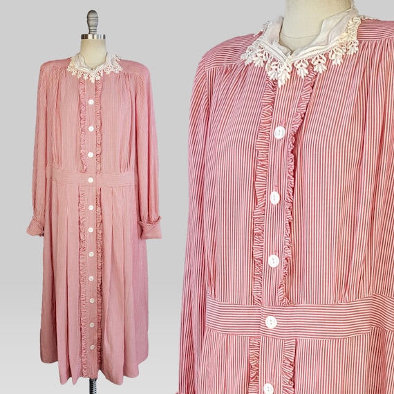 1940s Dress / Ranch Dress / Red Pinstriped Shirtw… - image 1