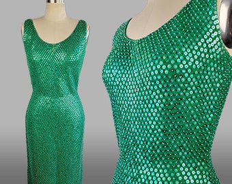 1960s Gene Shelly Dress / 1960s Green Sequin Wiggle Dress / Green Party Dress / Green Sequined Dress / Size Small - Medium