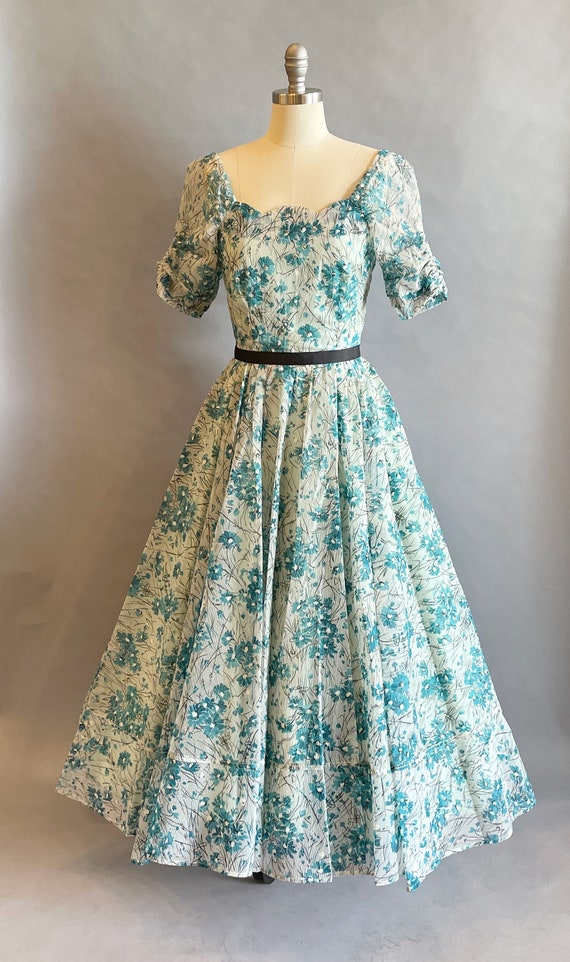 1950's Party Dress / Sheer Floral Print Dress / D… - image 2