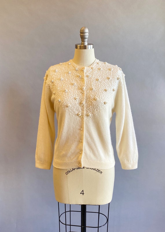 1950s Cream Sequined Cardigan / Beaded Sweater / … - image 2