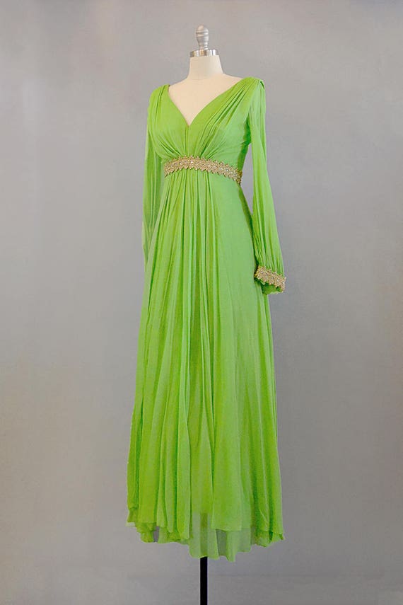 1960s Green Silk Chiffon and Gold Evening Gown //… - image 3