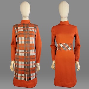 1960s Dress Set / Italian Knit / Burnt Orange Plaid Dress Set /Dress and Long Vest / 1960s Orange Dress / 1960s Plaid Dress / Size Large image 1