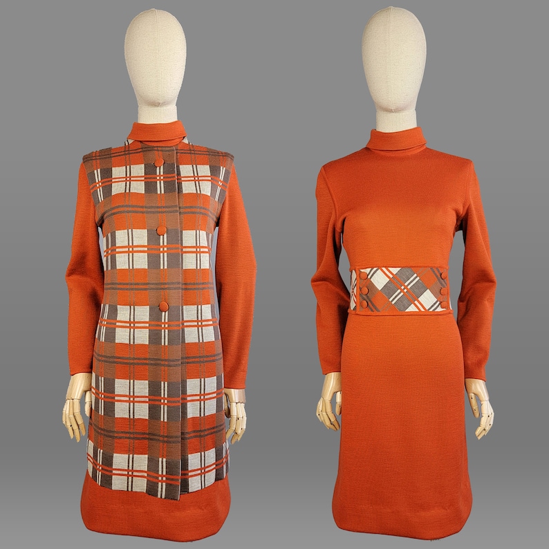 1960s Dress Set / Italian Knit / Burnt Orange Plaid Dress Set /Dress and Long Vest / 1960s Orange Dress / 1960s Plaid Dress / Size Large image 1