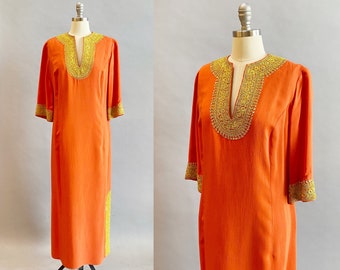 Vintage Kaftan / Gold Embroidered Kaftan / Hand Stitched Moroccan Kaftan / Orange Kaftan /  Size: Large