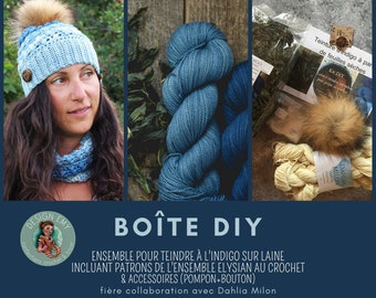 DIY kit - dyeing merino wool with dry indigo leaves - crochet hat and collar pattern - recycled fur pompom, button