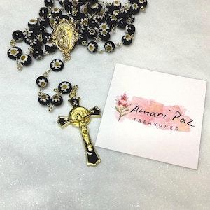 Catholic Rosary, black and yellow millefiori/Murano 8mm bead Rosary with  gold colored alloy,  5 decade religious Catholic Christian gift