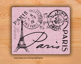 Mouse pad Paris France Postcard Pink Burlap background Mousepad