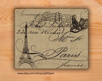 Mouse pad Eiffel Tower Paris France Dove burlap background Mousepad