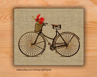 Mouse pad Bicycle Red Flowers burlap background Mousepad