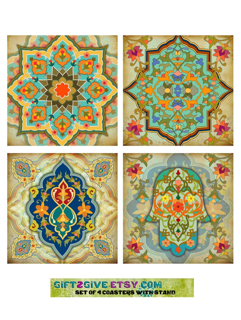 Moroccan Mediterranean Coaster Set Turkish Coasters Mandala Coaster Set Bridesmaid Gift for Her Housewarming Gift for Hostess Gift image 1