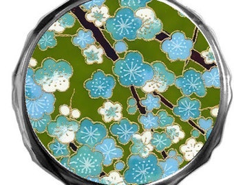 Compact Mirror Light Blue White Flowers Green Background