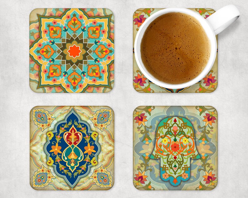 Moroccan Mediterranean Coaster Set Turkish Coasters Mandala Coaster Set Bridesmaid Gift for Her Housewarming Gift for Hostess Gift image 7