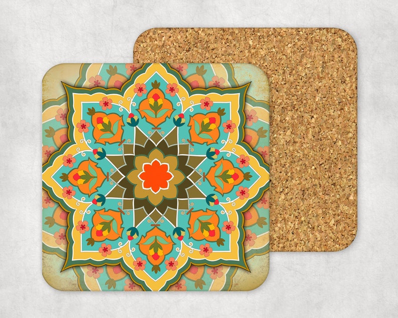 Moroccan Mediterranean Coaster Set Turkish Coasters Mandala Coaster Set Bridesmaid Gift for Her Housewarming Gift for Hostess Gift image 2