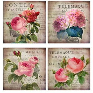Floral Coaster Set of 4 Victorian Flower Coasters Shabby Chic Drink Coasters French Country Bar Coasters Antique Roses Vintage Geraniums
