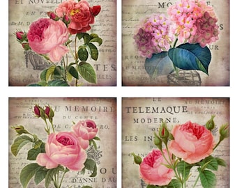 Floral Coaster Set of 4 Victorian Flower Coasters Shabby Chic Drink Coasters French Country Bar Coasters Antique Roses Vintage Geraniums