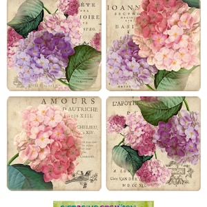Coaster Set of 4 Floral Coasters French Country Coasters Flower Coasters Drink Coasters Housewarming Gift for Her Hydrangea Bouquet